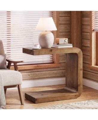 Solid Wood End Table, C-Shaped Side Table for Couch, 2-Tier