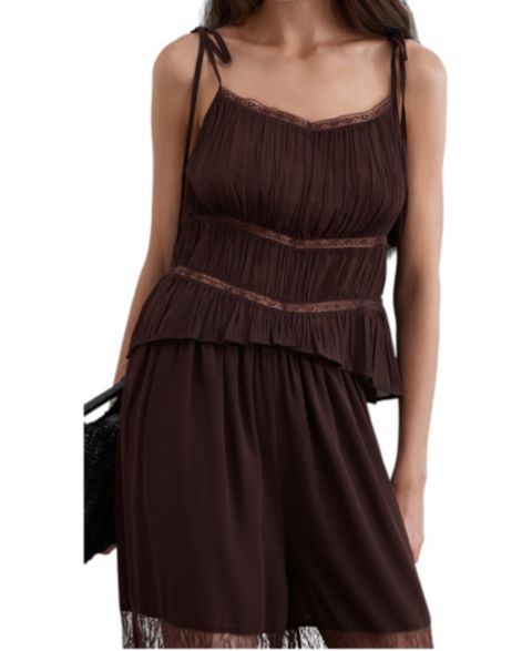 Женский топ Scalpers Pleated V-Neck Lace Camisole, цвет: Darkbrown