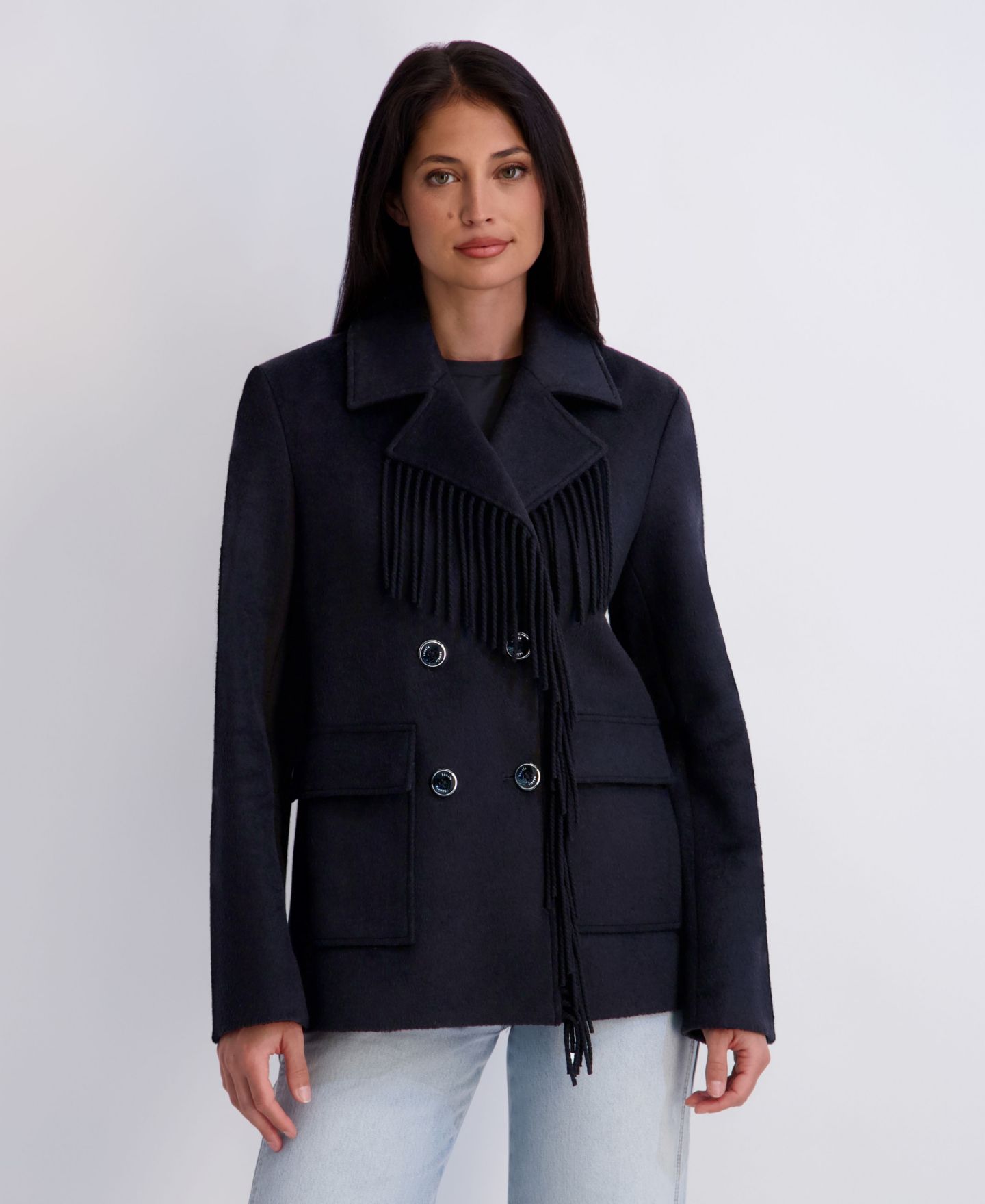 Женская куртка Kensie Double Breasted Patch Pocket Wool Jacket with Fringe, цвет: Чёрный — фото 3
