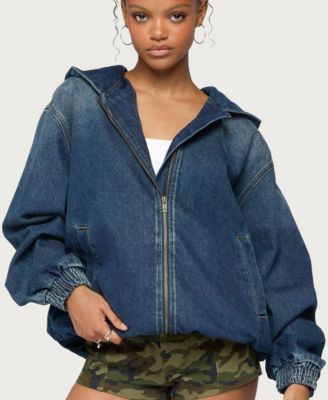 Women's Hooded Vintage-Washed Oversized Denim Bomber Jacket