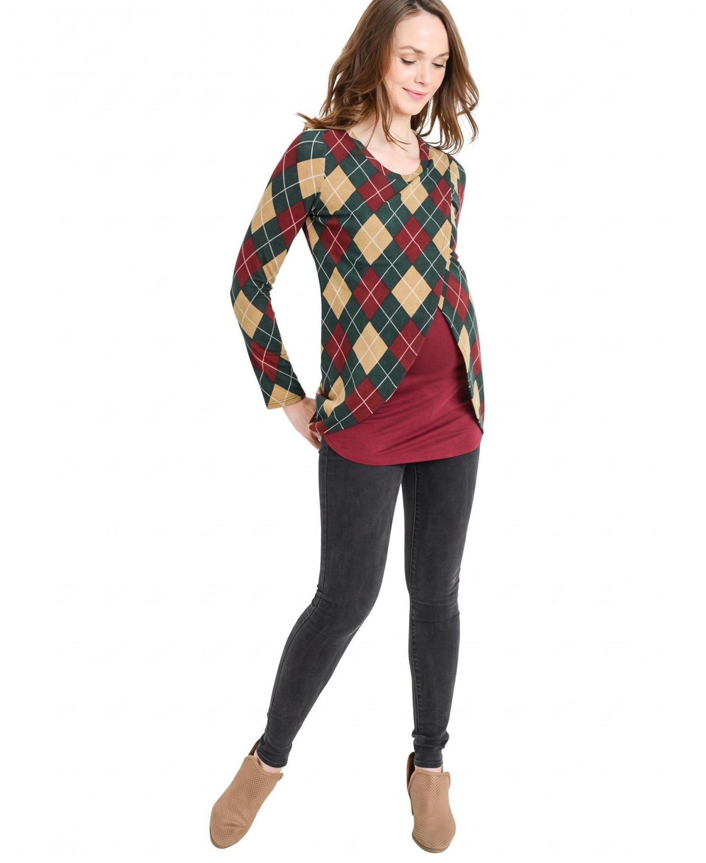 Женский свитер Hello Miz Maternity Plaid Sweater-Knit V-Neck Long-Sleeve Nursing Top, цвет: Бордовый — фото 2