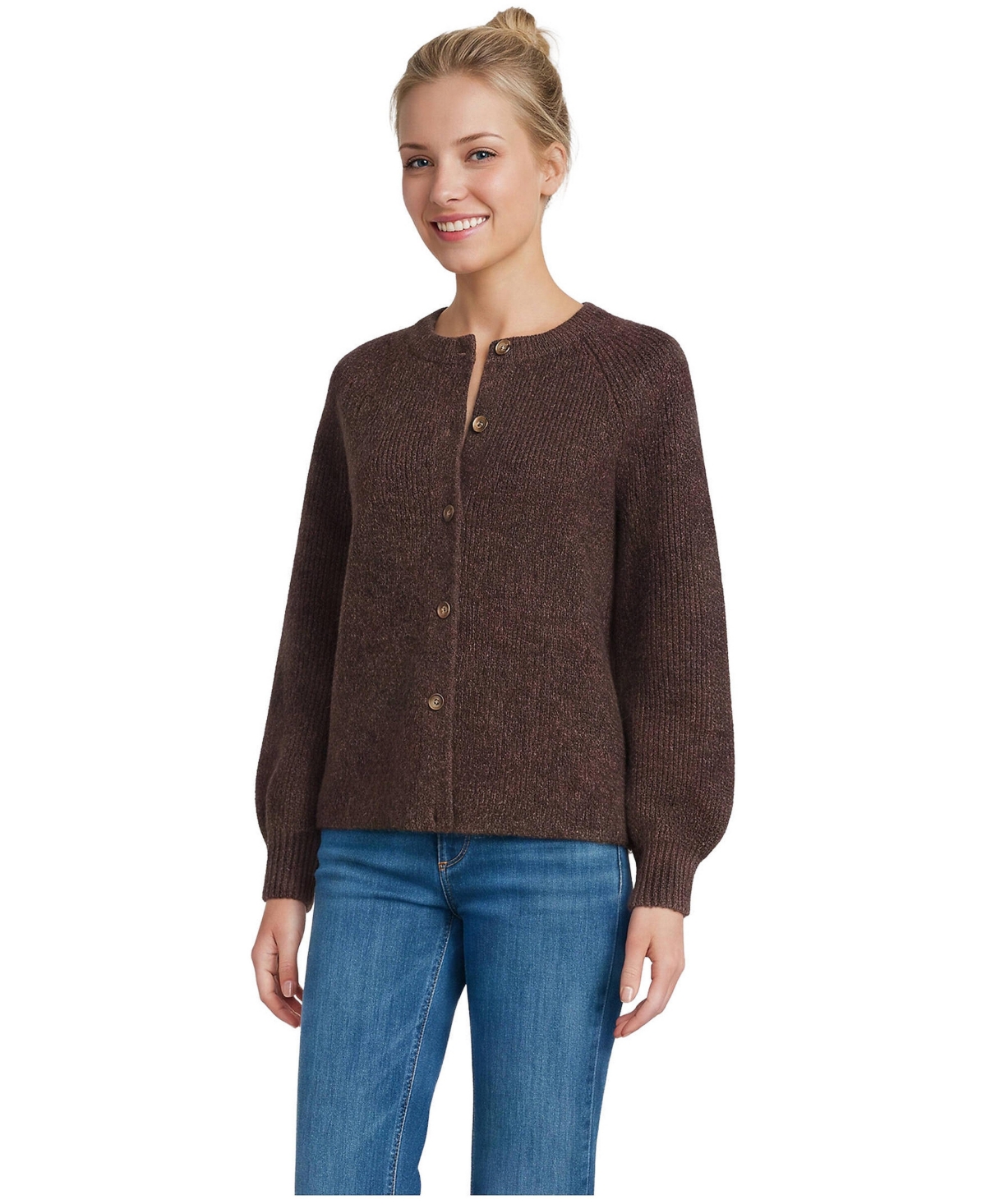 Lands' End Women's Fuzzy Shaker Cardigan Sweater - Rich espresso heather