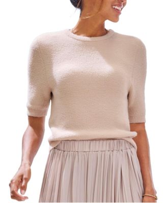 Women's Teddy-Knit Boat-Neck Elbow-Sleeve Sweater