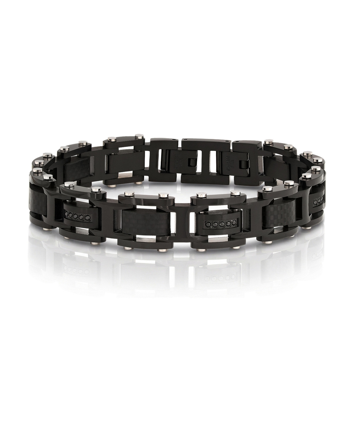 Metallo Men's Cubic Zirconia Carbon Fiber Silver-Tone Stainless Steel Bracelet - Black