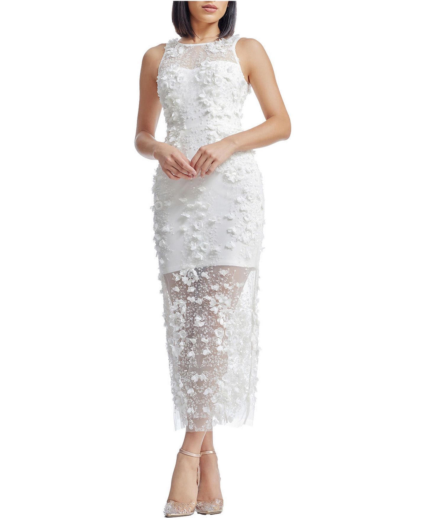Женское платье Dress the Population Helena High Neck 3D Floral Applique Midi, цвет: Белый — фото 3