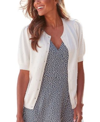 Women's Puff-Sleeve Crewneck Swiss-Dot Knit Cardigan