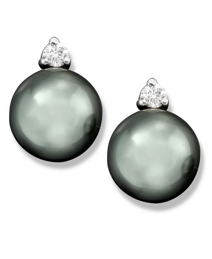 Macy s Cultured Tahitian Black Pearl 8mm and Diamond 1 10 ct. t.w. Stud Earrings in 14k White Gold Macy s