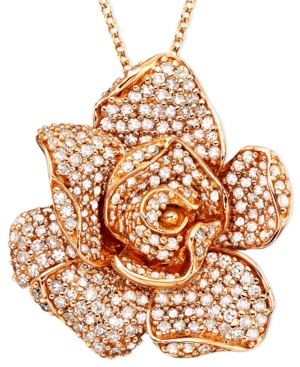 image of Pave Rose by Effy Diamond Flower Pendant Necklace in 14k Rose Gold (1 1/3 ct. t.w.)