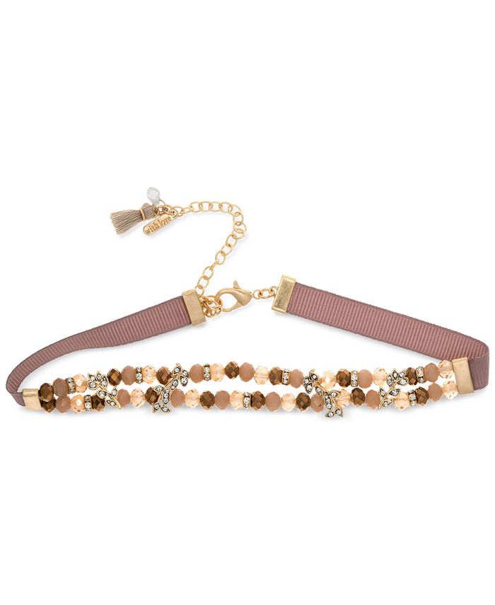 lonna & lilly Gold-Tone Bead and Crystal Ribbon Choker Necklace ...