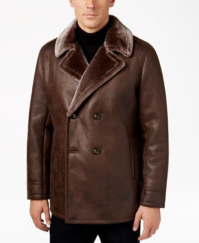 Tasso Elba Men's Double-Breasted Coat with Faux Fur Collar and Lining, Only at Macy's