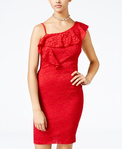 Sequin Hearts Juniors' One-Shoulder Glitter Lace Bodycon Dress