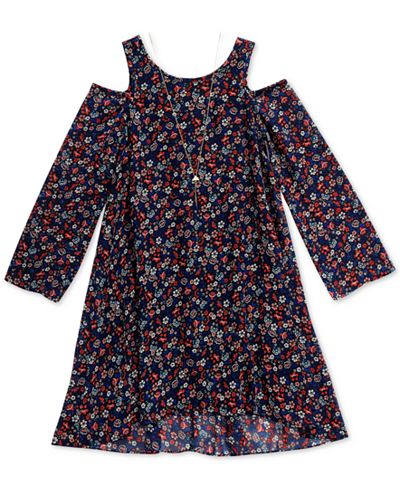 Sweet Heart Rose Floral-Print Cold Shoulder Dress & Necklace Set, Big Girls (7-16)