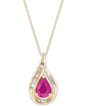 image of Sapphire (7/8 ct. t.w.) and Diamond (1/10 ct. t.w.) Pendant Necklace in 14k Yellow Gold (Also Available in Certified Ruby)