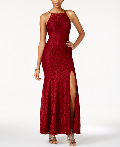 Speechless Juniors' Illusion Lace Side-Slit Gown
