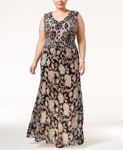 Betsy & Adam Plus Size Floral Lace A-Line Gown