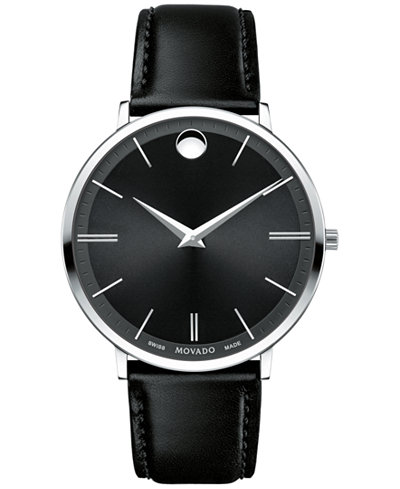 Movado Men's Swiss Ultra Slim Black Leather Strap Watch 40mm 0607086