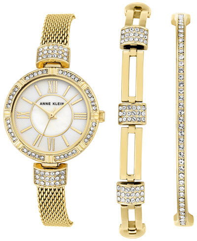 Anne Klein Women's Gold-Tone Mesh Bracelet Watch & Bracelets Set 28mm AK-2844GBST