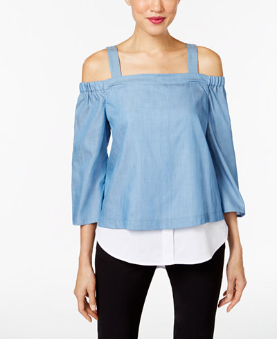 NY Collection Chambray Cold-Shoulder Layered-Look Top