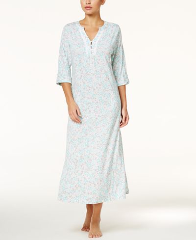 Miss Elaine Roll-Tab-Sleeve Printed Knit Nightgown