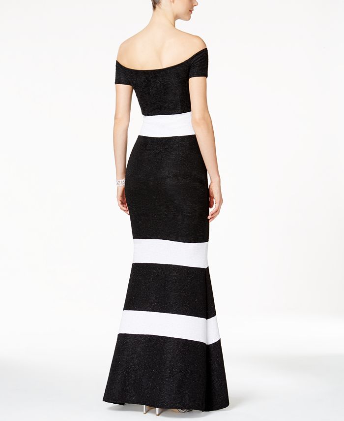 xscape off the shoulder glitter gown