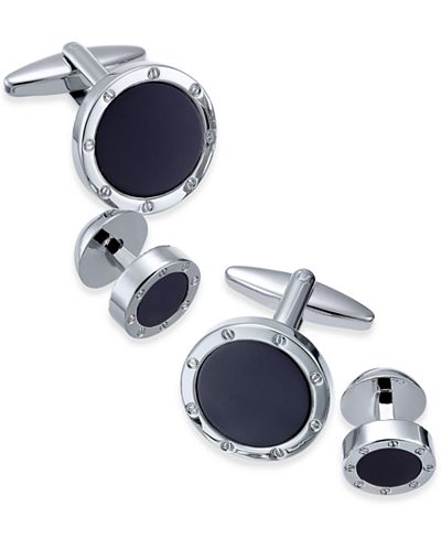 Sutton by Rhona Sutton Men's Silver-Tone Black Stone 2-Pc. Set Cuff Links