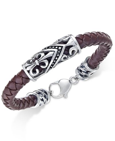 Sutton by Rhona Sutton Men's Stainless Steel Brown Leather Bracelet