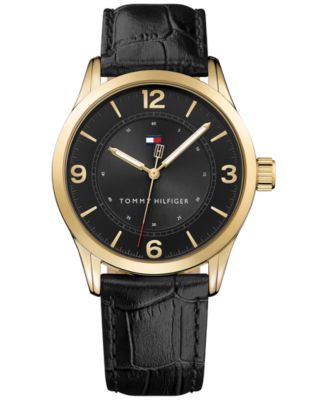 tommy hilfiger men's black leather strap watch 42mm