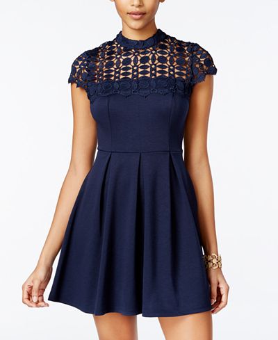 Sequin Hearts Juniors' Crochet-Trim Fit & Flare Dress