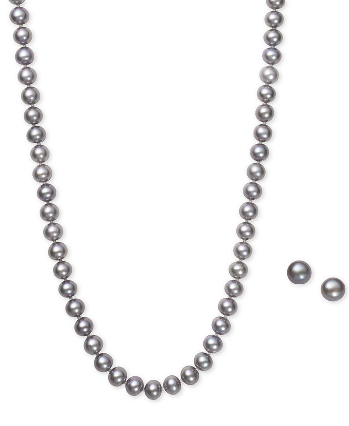 Macy's - Gray Cultured Freshwater Pearl (6mm) Necklace and Matching Stud (7-1/2mm) Earrings Set