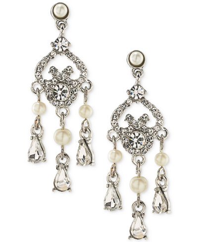 Carolee Silver-Tone Crystal and Imitation Pearl Mini Chandelier Earrings