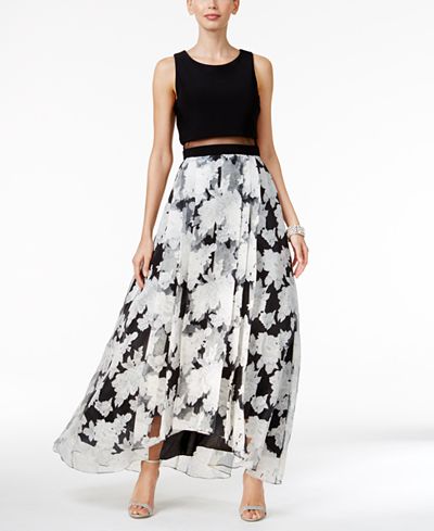 Betsy & Adam Illusion Popover Floral-Print Gown