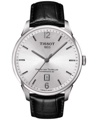 Tissot - Men's Swiss Automatic T-Classic Chemin Des Tourelles Powermatic 80 Black Leather Strap Watch 42mm T0994071603700