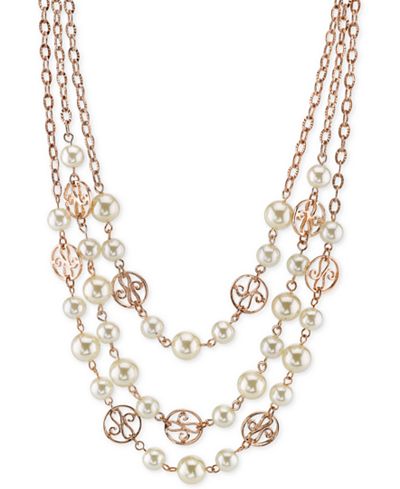 2028 Rose Gold-Tone Imitation Pearl Triple Row Necklace