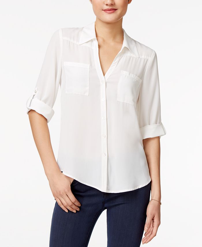 Roll Tab Sleeve Ruffle Hem High Low Hem Shirt | SHEIN A