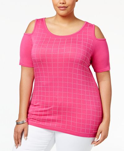 Belldini Plus Size Rhinestone Cold-Shoulder Top