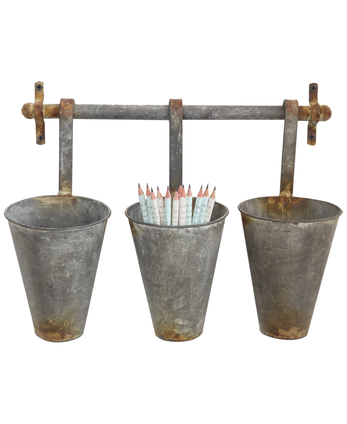 Antique-liked Metal Wall Rack with 3 Hanging Cone Pots, Gray - Distressed Gray