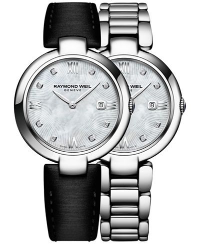 RAYMOND WEIL Women's Swiss Shine Diamond Accent Stainless Steel Bracelet Watch with Interchangeable Black Satin Strap 32mm 1600-ST-00995