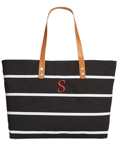 Cathy's Concepts Personalized Black Striped Tote with Leather Handles