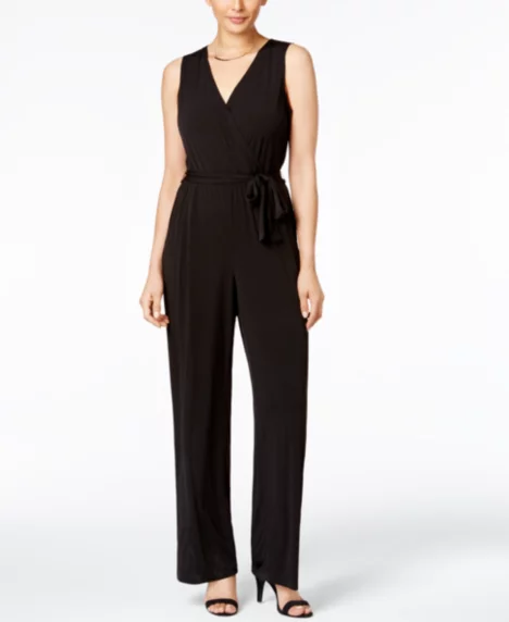 Petite Surplice Belted Wide-Leg Jumpsuit - Black