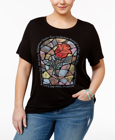 Disney Beauty and the Beast Trendy Plus Size Cotton Rose Graphic T-Shirt