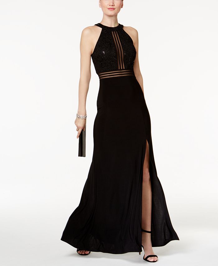 Nightway Illusion Stripe Glitter Lace Gown - Macy's