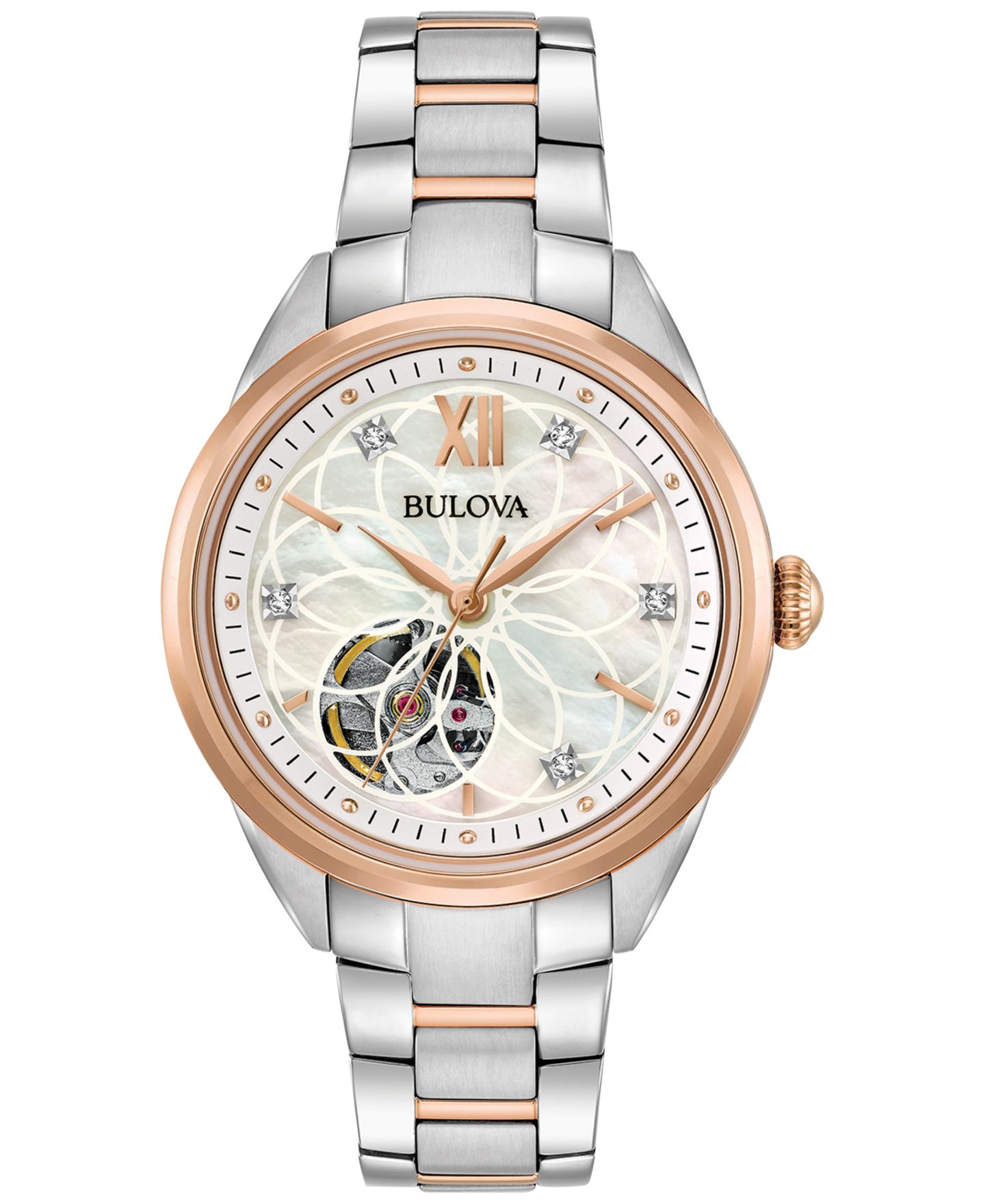 Женские часы Bulova Automatic Diamond Accent Two-Tone Stainless Steel Bracelet Watch 34mm 98P170 — фото 1