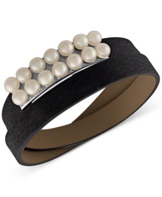 Majorica - Silver-Tone Imitation Pearl Leather Wrap Bracelet