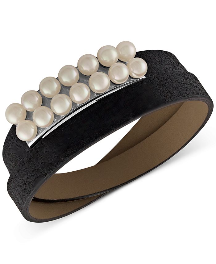 Majorica Silver Tone Imitation Pearl Leather Wrap Bracelet Macy s