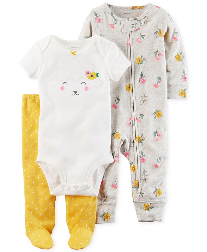 Carter's 3-Pc. Cotton Lamb Bodysuit, Coverall & Footed Pants Set, Baby ...