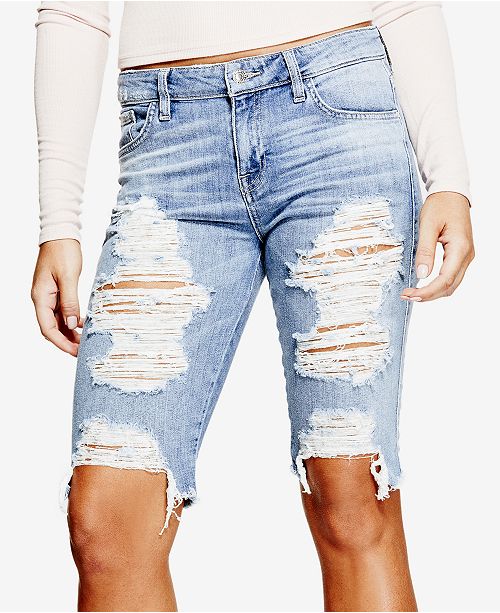 GUESS Solange Ripped Denim Bermuda Shorts & Reviews Shorts Women
