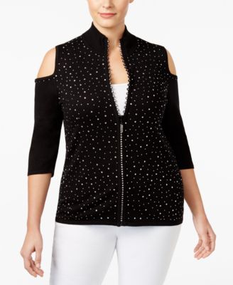 Belldini - Plus Size Embellished Cold-Shoulder Zip Cardigan