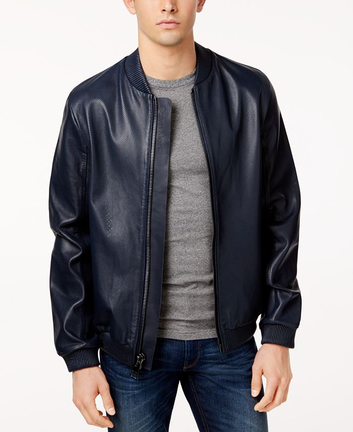 Calvin Klein Men's Slim-Fit Perforated Leather Baseball Jacket ...