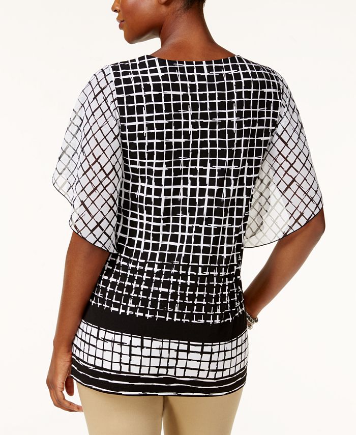 JM Collection Petite Flutter-Sleeve Grid-Print Blouse, Created for Macy ...