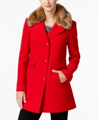 red wool coat with fur hood